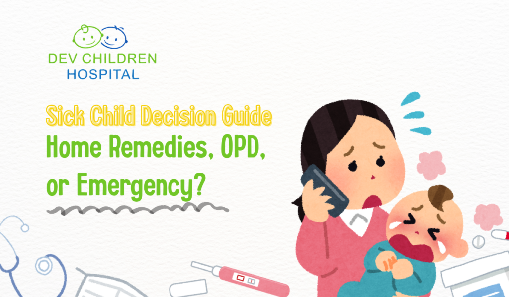 Pediatrician advising parents on when to use home remedies vs visit pediatric OPD for a sick child